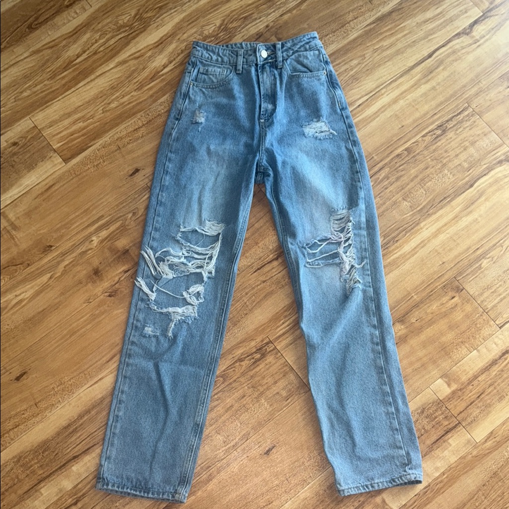 Distressed High Waisted Blue Jeans With Velcro Closure